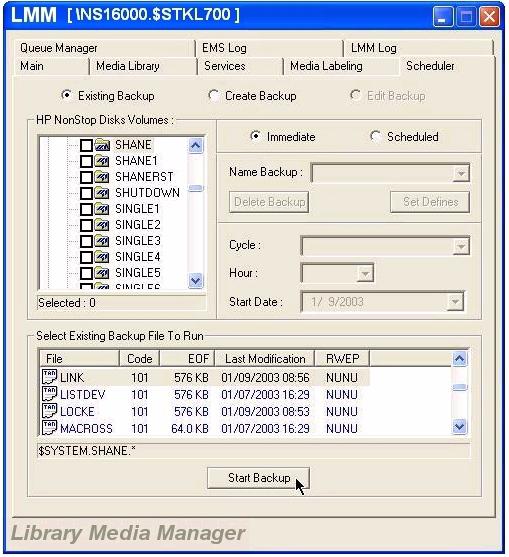 LMM GUI Operations Scheduler Tab Existing Immediate Backup From the Scheduler main tab, follow these steps and use Figure 6-14 as an example. Figure 6-14. Existing Immediate Backup - File Select 1.