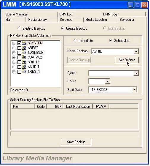 LMM GUI Operations Create a Scheduled Backup From the Scheduler main tab, follow these steps and use Figure 6-21 as an example. Figure 6-21. Create Scheduled Backup 1. Select Create Backup. 2.