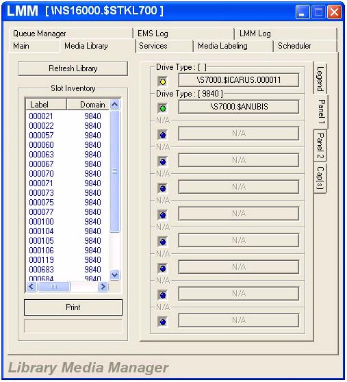 LMM GUI Operations Media Library Tab Legend Tab The Legend tab describes what each colored light represents (See Figure 6-4). Panel Tabs The Panel Tabs show the tape drive configuration.