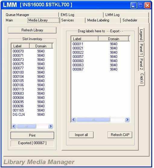 LMM GUI Operations Media Library Tab Cap(s) Tab To move a tape cartridge to a tape drive, click a tape label inside of the slot inventory and drag it to a drive.
