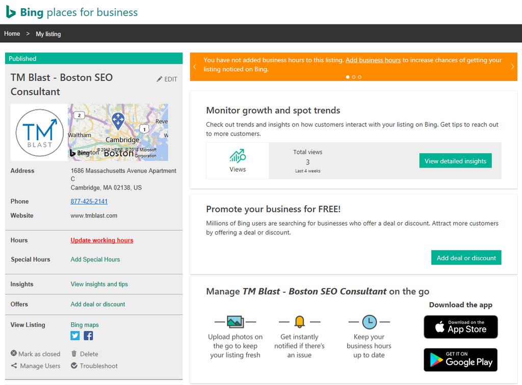 Bing Places for Business: Dashboard Get your business located on Bing places for business if you have not already