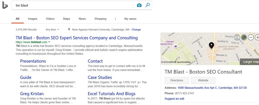 Bing Places for Business: Example of a Ranking Page A brand search