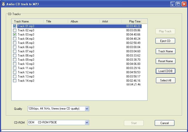 MP3 Hard Disk Utility Add CD (Menu Bar -> File -> Add CD) Play Track: Plays selected track. Eject CD: Ejects CD. Track Name: Selects the rule for naming a track.