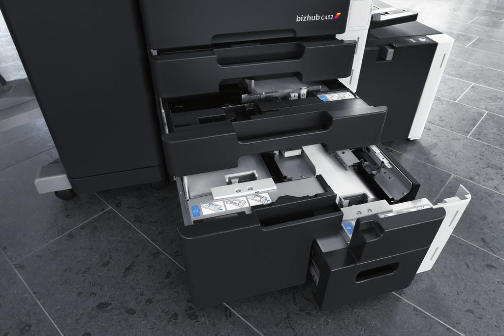 Superior Paper Handling The bizhub C452 s superior paper-handling capabilities make it an excellent fit in a wide variety of environments, even in workplaces where heavy paper stock is routinely used.