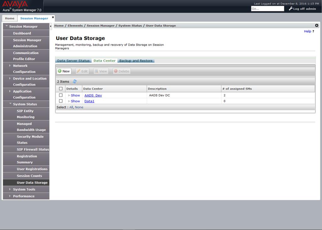4. In the System Status menu, in User Data Storage, click the Data Center tab, and then click New.