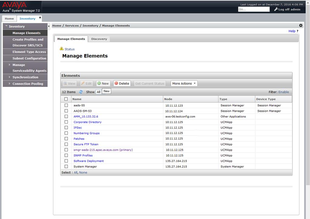 2. In the left navigation pane, click Manage Elements. On the Manage Elements page, click New.