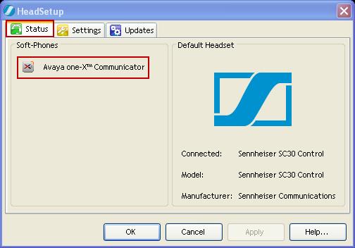 With the Sennheiser SC 30 USB CTRL or the Sennheiser SC 60 USB CTRL headsets connected to the PC and after launching Avaya One-X Agent, the Status tab will show the program as running