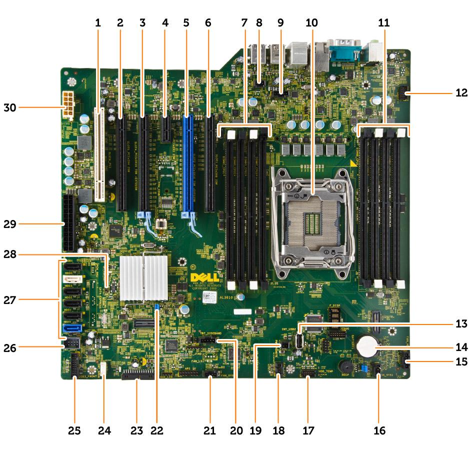 1. PCI slot (slot 6) 2. PCIe x16 slot (PCIe 2.0 wired as x4) (slot 5) 3. PCIe 3.0 x16 slot (slot 4) 4. PCIe 2.0 x1 slot (slot 3) 5. PCIe 3.0 x16 slot (slot 2) 6. PCIe x16 slot (PCIe 3.