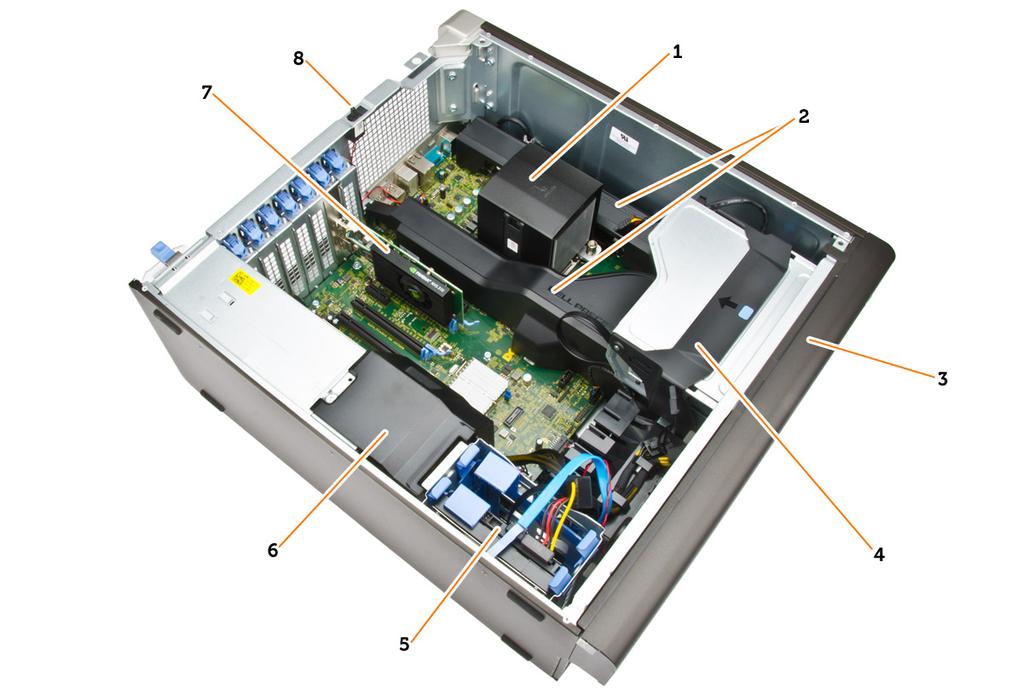 Figure 2. Inside View of T5810 Computer 1. heatsink with integrated fan 2. memory shrouds 3. front bezel 4. optical drive bay (5.