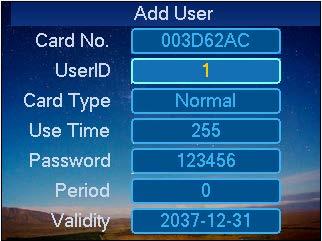 4.2.1 Add User You also can add user as you add card or fingerprint, and you can bind card and fingerprint.