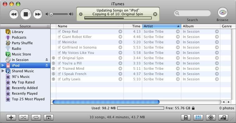 While music is being downloaded from your computer to ipod, the itunes status window shows progress, and the ipod icon in the Source list flashes red.