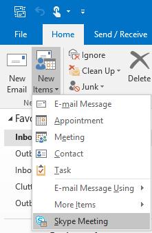 TIP Outlook Ribbon Home Tab New Skype Meeting Use Outlook to check availability, Schedule a Skype Meeting, and set meeting options You can use Outlook or Outlook Web App to schedule a Skype