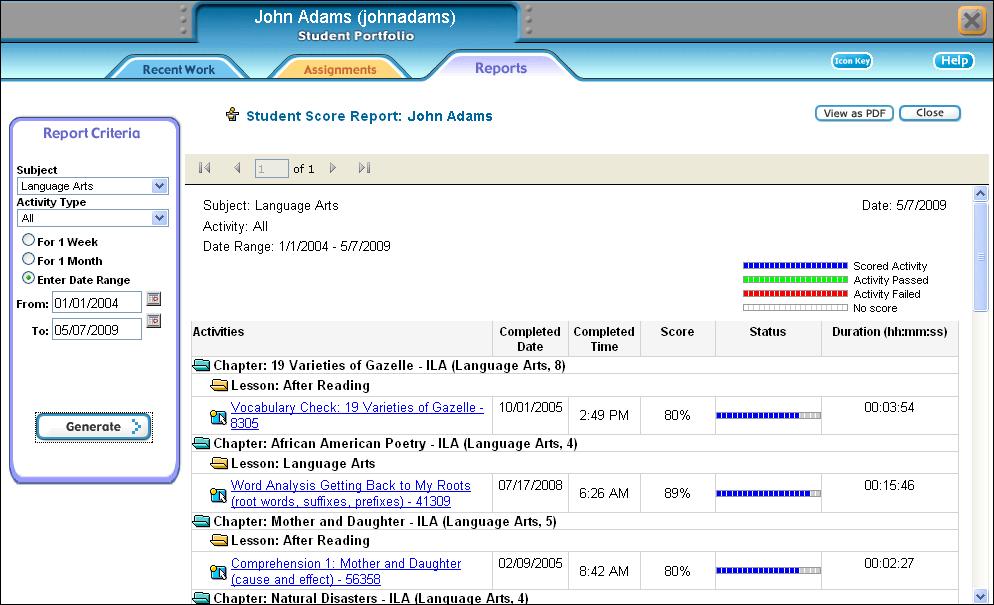 Portfolio and Reports 4 Student Score Report Print from the PDF view. 1. Select a subject. 2.