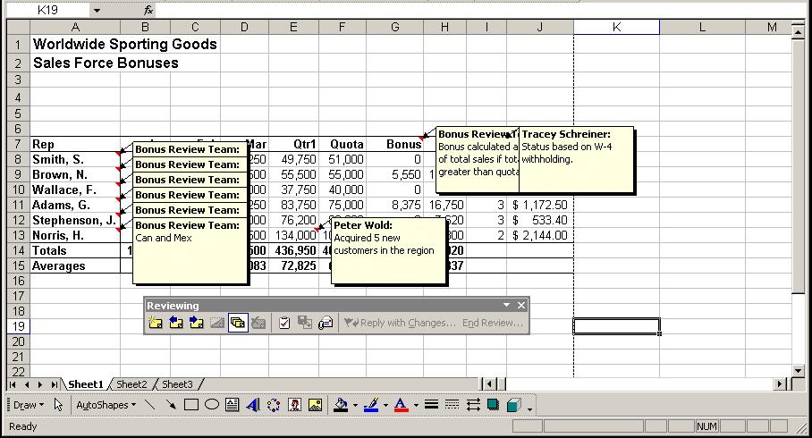 Lesson 7 - Working with Comments Excel 2003: Level 3 EXERCISE WORKING WITH COMMENTS Task Work with comments. 1. Open Comm10. 2. Display the Reviewing toolbar. 3. Insert the comment Acquired 5 new customers in the region in cell E13.