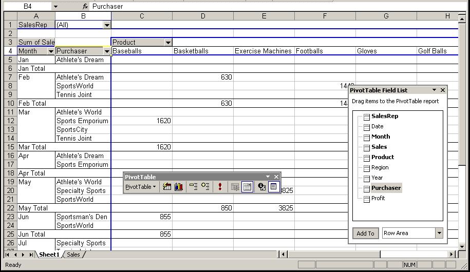 Excel 2003: Level 3 Lesson 9 - Creating/Revising PivotTables contains the Month row field and the Product column field, you can add a Purchaser row field to be able to display monthly sales by