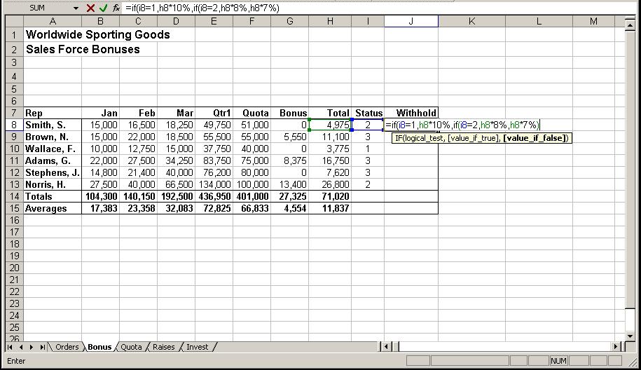 Lesson 1 - Using Advanced Functions Excel 2003: Level 3 =IF(logical test,value if true,if(logical test,value if true,value if false)) You can create up to seven nested IF functions within an IF