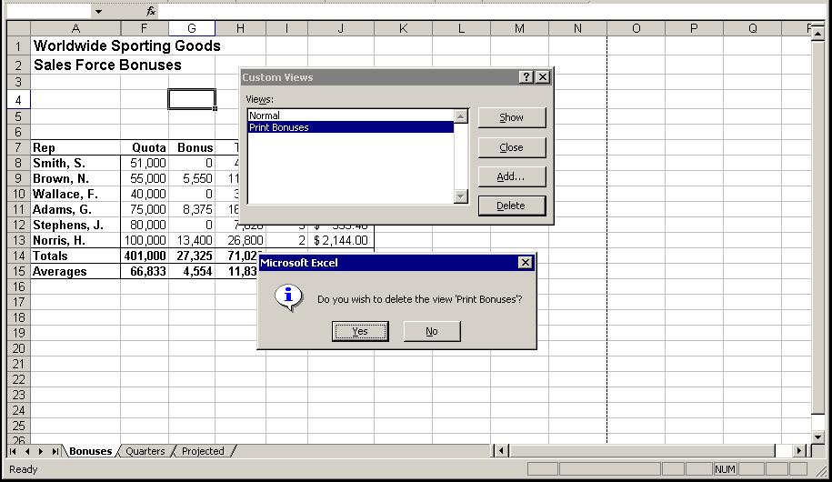 Appendix 1 - Working with Views Excel 2003: Level 3 1. Select the View menu. The View menu appears. 2. Select the Custom Views command. The Custom Views dialog box opens. 3. Select the view you want to display.