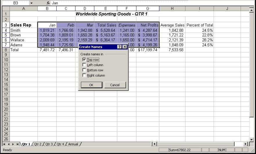 Appendix 2 Working With Range Names Excel 2003: Level 3 Creating range names from headings Although the text in the header columns and rows is not included in the named ranges, it must be included in