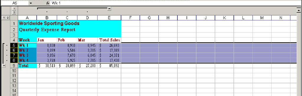 Lesson 3 - Working with Outlines Excel 2003: Level 3 EXERCISE WORKING WITH OUTLINES Task Apply and use an outline. 1. Open Region19. 2. Go to the Expenses worksheet, if necessary.