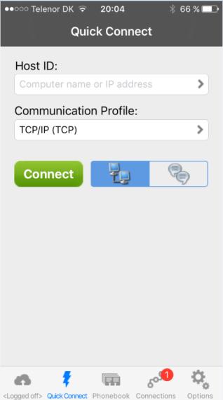Simply enter the address and press the Connect button. Make sure TCP/IP is selected as the Communication Profile.