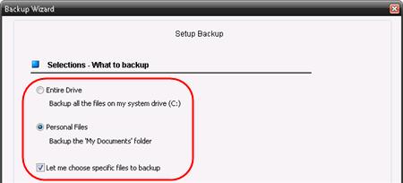 Personal Files: This will back up all files and folders within your "My Documents" folder.