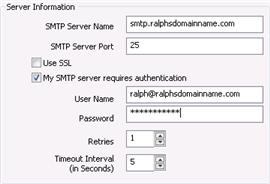 My SMTP server requires authentication: Enter the username and password required. Retries: Set the number of times to retry if the email fails to send. The default is 1.