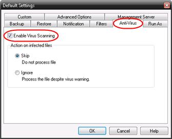 Choose whether to skip files that are found to contain a virus or to ignore the warning and back the file up regardless.