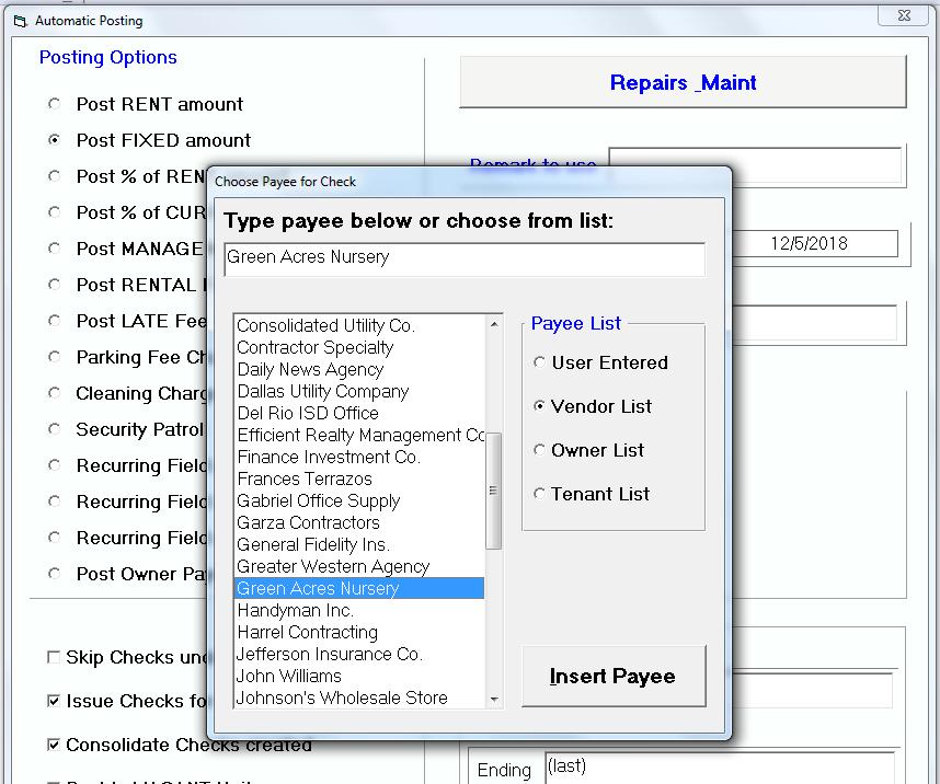 NEW!!! Payee Selection for Automatic Posting It is important that the 'Payee' for checks remains consistent, so that when searching for a payee, the program