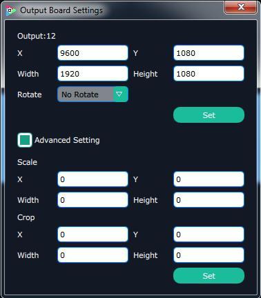 X, Y, width, height, rotate can be set. If click Advanced Setting, pop-up window as follow: In advanced setting, scale and crop can be set. Not recommended to use Advanced Setting.