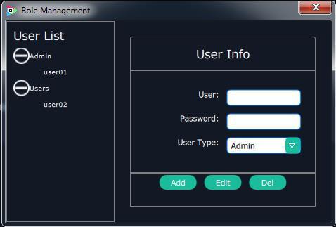 Role management and rights management are included in access control, specific as follows: Role Management Click the Role Management, and pop-up window as follows: Add: Input the user name and