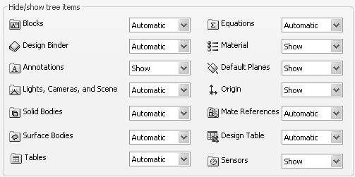 Various commands provide the ability to control what is displayed in the FeatureManager design tree. They are: 1. Show or Hide FeatureManager items. Click Options from the Menu bar.