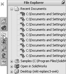 File Explorer File Explorer duplicates Windows Explorer from your local computer and displays Resent Documents, directories, and the Open in SolidWorks and Desktop folders Search