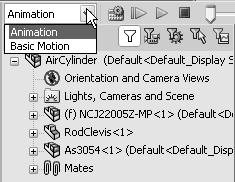 The MotionManager display a timeline-based interface, and provide the following selections from the drop-down menu as illustrated: Animation: Apply Animation to animate the motion of an assembly.
