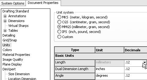 Set the part units. 50) Click Units. The Document Properties - Unit dialog box is displayed. 51) Select MMGS, (millimeter, gram, second) for Unit system. 52) Select.