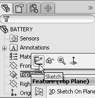 The Battery FeatureManager is displayed. Select the Sketch plane. 80) Right-click Top Plane from the FeatureManager. This is your Sketch plane. Sketch the 2D Sketch profile centered at the Origin.