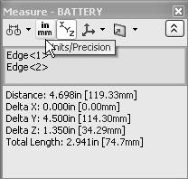 193) Click Front view from the Heads-up View toolbar. 194) Click the Measure tool from the Evaluate tab in the CommandManager. The Measure - BATTERY dialog box is displayed.
