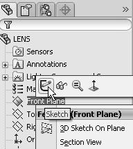 Right-click Context toolbar Right-click in the Graphics window either on a model, or in the FeatureManager on a feature or sketch to display a Contextsensitive toolbar.