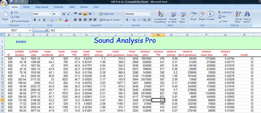 SA+ Spreadsheets The input to SongSeq is the Microsoft Excel spreadsheets generated by Sound Analysis Pro (SA+) software, which can be downloaded from (http://ofer.sci.ccny.cuny.