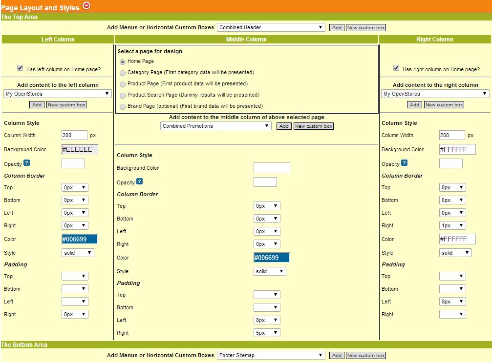 Left column Middle column Right column Bottom area There are Add Content drop down lists for each section in the Page layout and styles form.