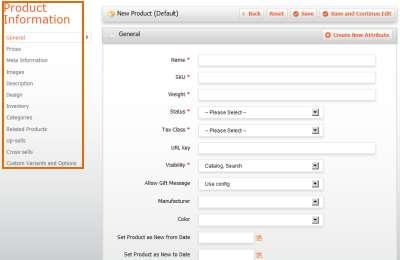 The different attribute sets will provide differences in the product information tab, as seen below.