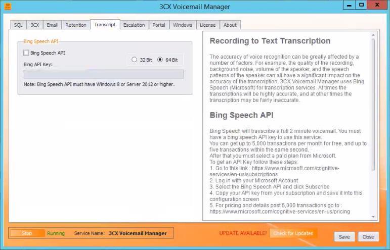 Figure 13: Configure Transcription Settings 1. Under Bing Speech API section, check Bing Speech API check box so that the Bing Speech will transcribe a full 2 minute voicemail.