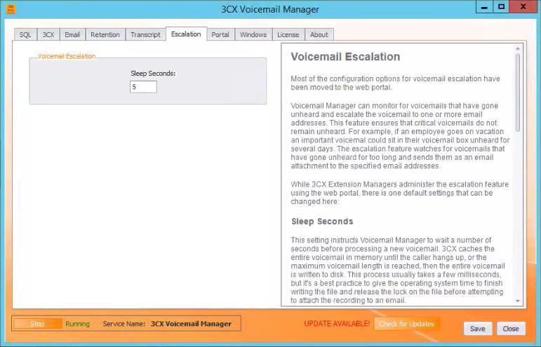 Step 14: Configure Voicemail Escalation Escalation tab While 3CX Extension Managers administer the escalation feature using the web portal, there is one default settings: Sleep Seconds that can be