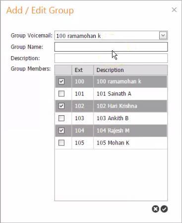 Add/ Edit Group The Add/ Edit Group button displays a dialog box where you can designate a new or edit and existing voicemail box.
