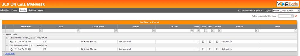 Events Events screen enables you to view the call logs of all the On Call events for all the monitored extensions between the agents and the customers.