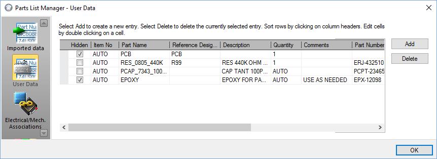 Hidden Setting for User Parts in a Parts List Set user part visibility for inclusion/exclusion in parts lists User parts added to the Part List Manager can now be hidden to