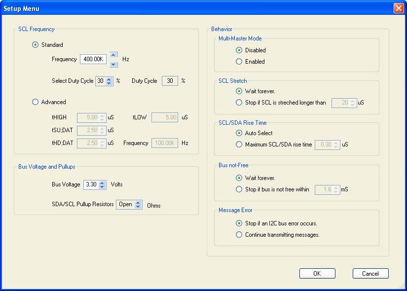 15. The Setup menu is now displayed (See Figure 6) Figure 6. Setup Menu 16. At the Bus Voltage grouping, select a 1K ohm bus pull-up resistor by clicking the up/down buttons. 17.