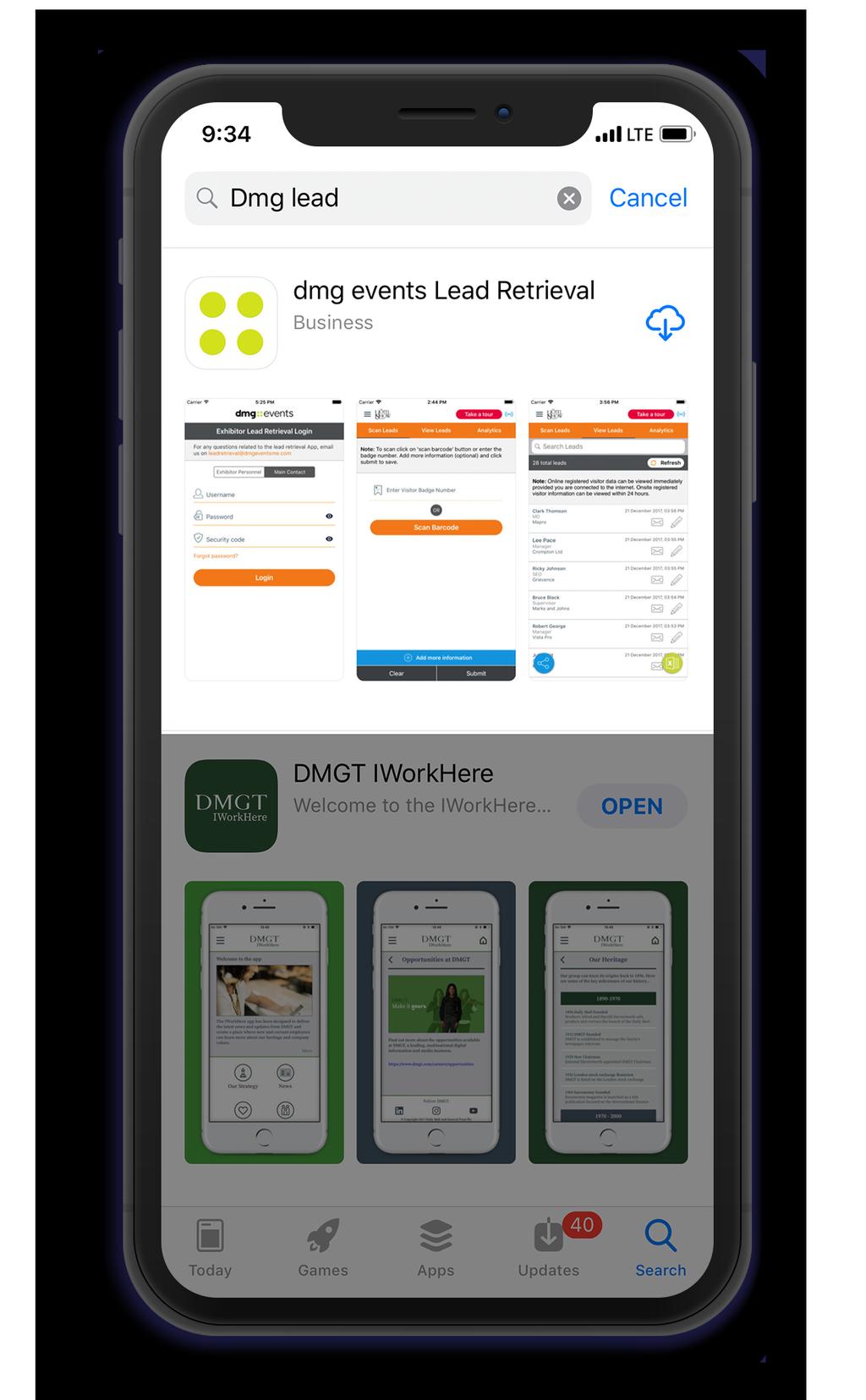 APP DOWNLOAD & INSTALL Go to the App Store and search for dmg events Lead Retrieval Click