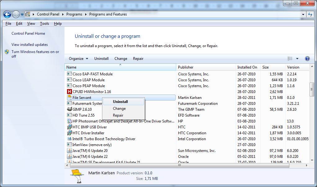3.2. Uninstallation This section describe the steps to uninstall File Servant.