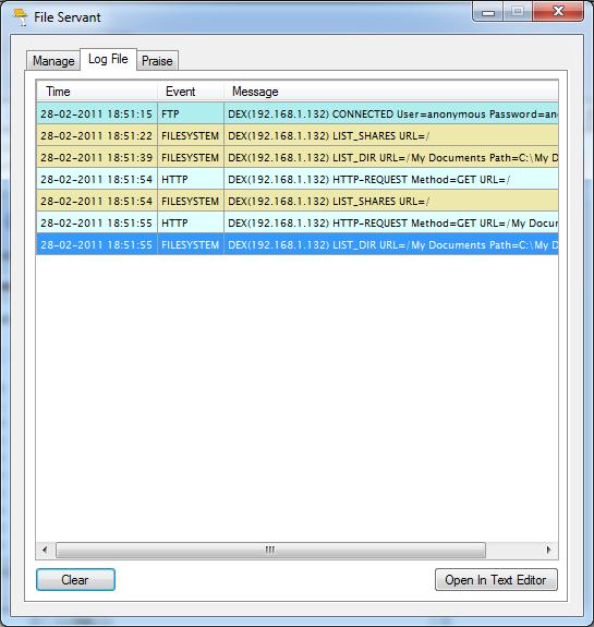 Illustration 21: Log file viewer Each line in the log file corresponds to an event.