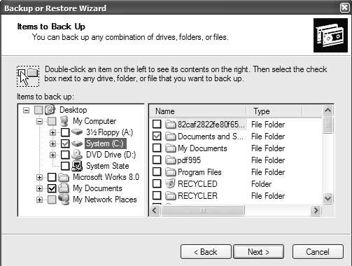 X 380 / 8 Click the boxes to tick any folders you want to backup Click Next Try to keep your selection as simple as possible, ignoring the right-hand side of the window.